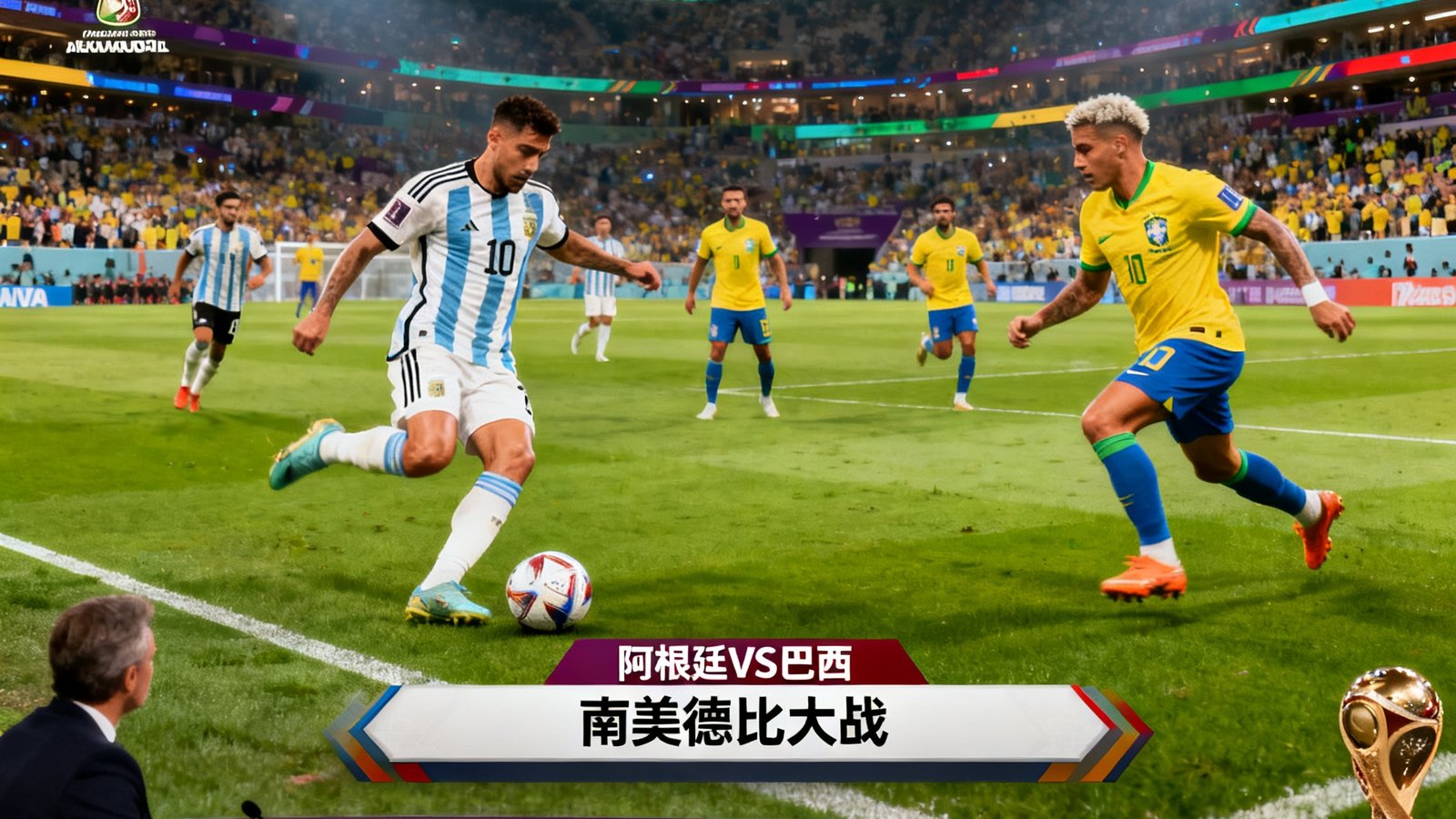 世界杯主直播间正在直播阿根廷对阵巴西的南美德比大战，画面显示球场全景与实时比分牌，1080P高清画质呈现球员激烈拼抢瞬间